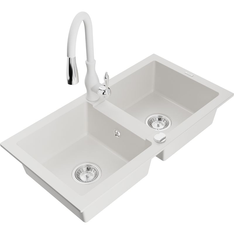 Zlewozmywak granitowy 2-komorowy Mexen Mario z baterią kuchenną Savita biały 6504-20-672601-20