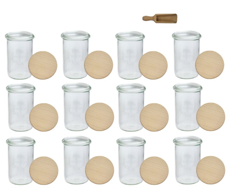 Słoiki MODO24 Weck 1050 ml fi 100 mold drewniane wieka miarka 12 kpl.