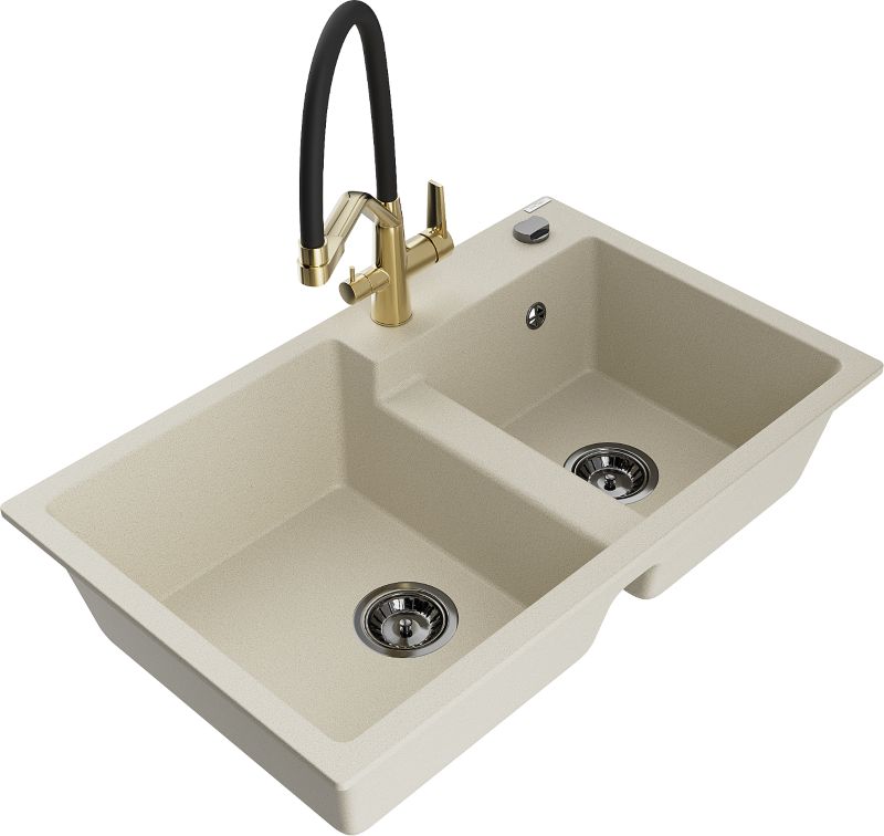 Zlewozmywak granitowy Mexen Tomas 2-komorowy z baterią kuchenną Duo czarny - 6516-77-671701-57-B 1 szt.