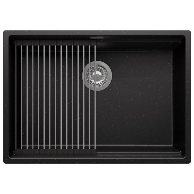 Zlewozmywak podblatowy Praga PRIMAGRAN 66x47cm do szafki od 70cm, Czarny Metalik + Syfon + Zwijany ociekacz, S442, 1 szt.