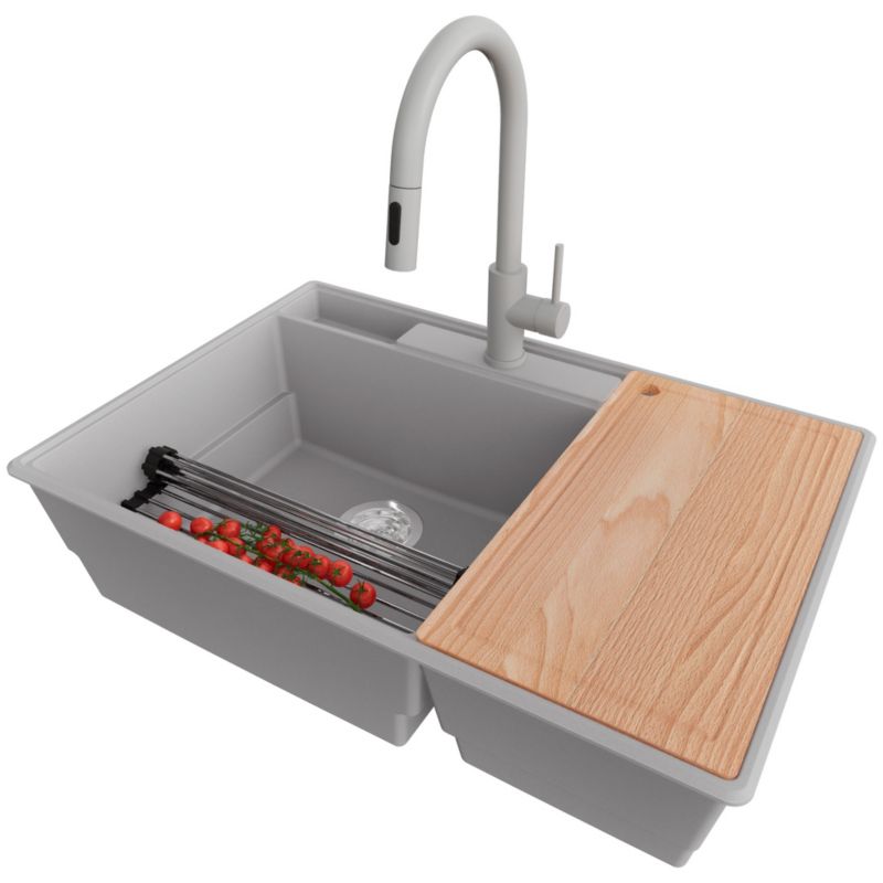 Zlewozmywak Granitowy Paryż PRIMAGRAN Nablatowy 78x53cm do szafki od 80cm, Szary + Bateria + Syfon + Akcesoria, S047, 1 szt.