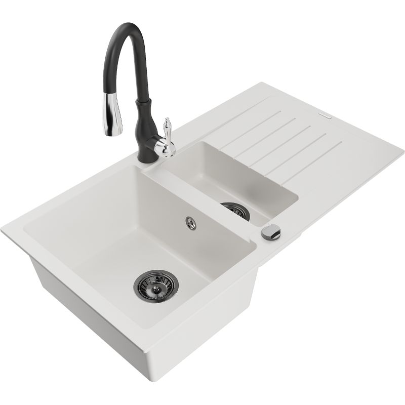 Zlewozmywak granitowy 1.5-komorowy Mexen Matias z ociekaczem i baterią kuchenną Savita czarny - 6502-77-672601-70-B 1 szt.