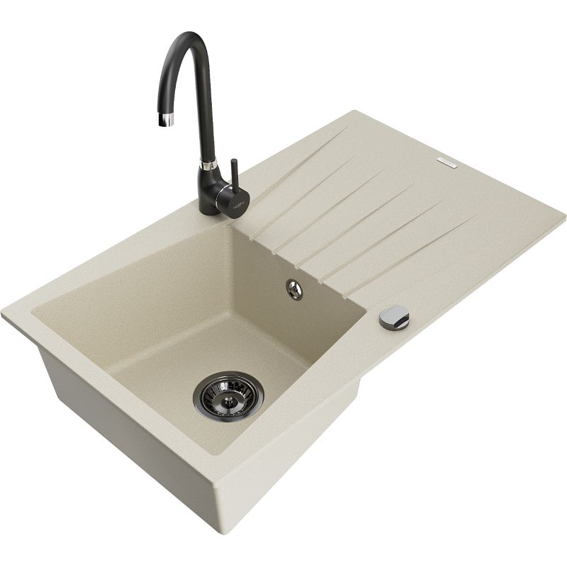 Zlewozmywak granitowy 1-komorowy Mexen Cesar z ociekaczem i baterią kuchenną Telma beżowy 6514-69-670200-70