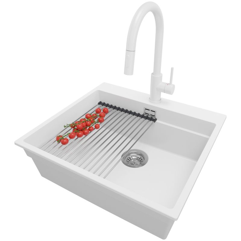 Zlewozmywak Granitowy Oslo Max PRIMAGRAN Nablatowy 58x53cm do szafki od 60cm, Biały + Bateria + Syfon + Akcesorium, S166, 1 szt.