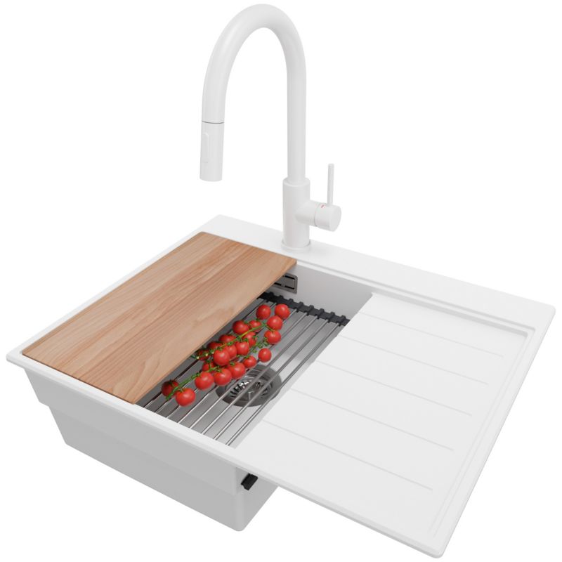 Zlewozmywak Granitowy Sydney PRIMAGRAN Nablatowy 62x50cm do szafki od 40cm, Biały + Bateria + Syfon + Akcesoria, S084, 1 szt.