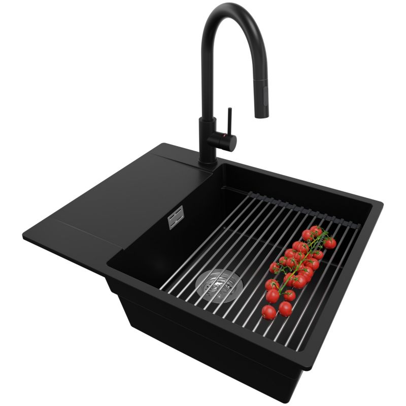 Zlewozmywak Granitowy San Francisco PRIMAGRAN Nablatowy 62x50cm, Czarny + Bateria + Syfon + Akcesorium, S123, 1 szt.