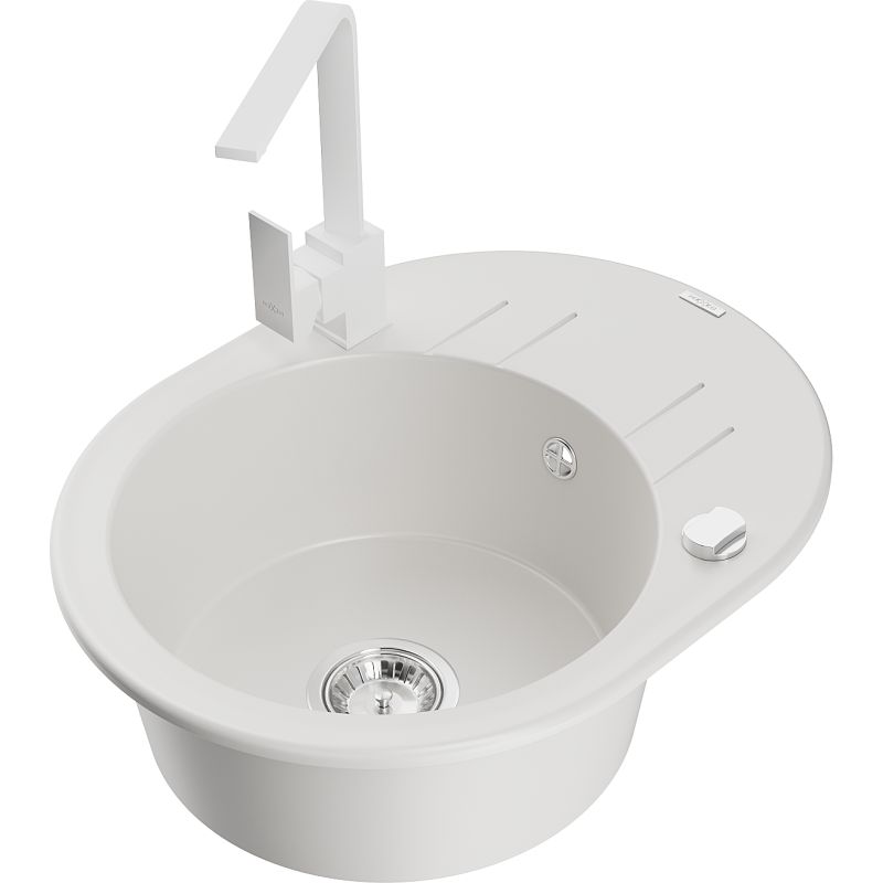 Zlewozmywak granitowy 1-komorowy Mexen Kevin z ociekaczem i baterią kuchenną Rita biały 6517-20-670300-20