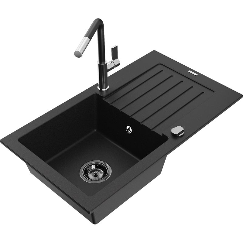 Zlewozmywak granitowy 1-komorowy Mexen Pablo z ociekaczem i baterią kuchenną Flora czarny 6510-77-670401-07-B