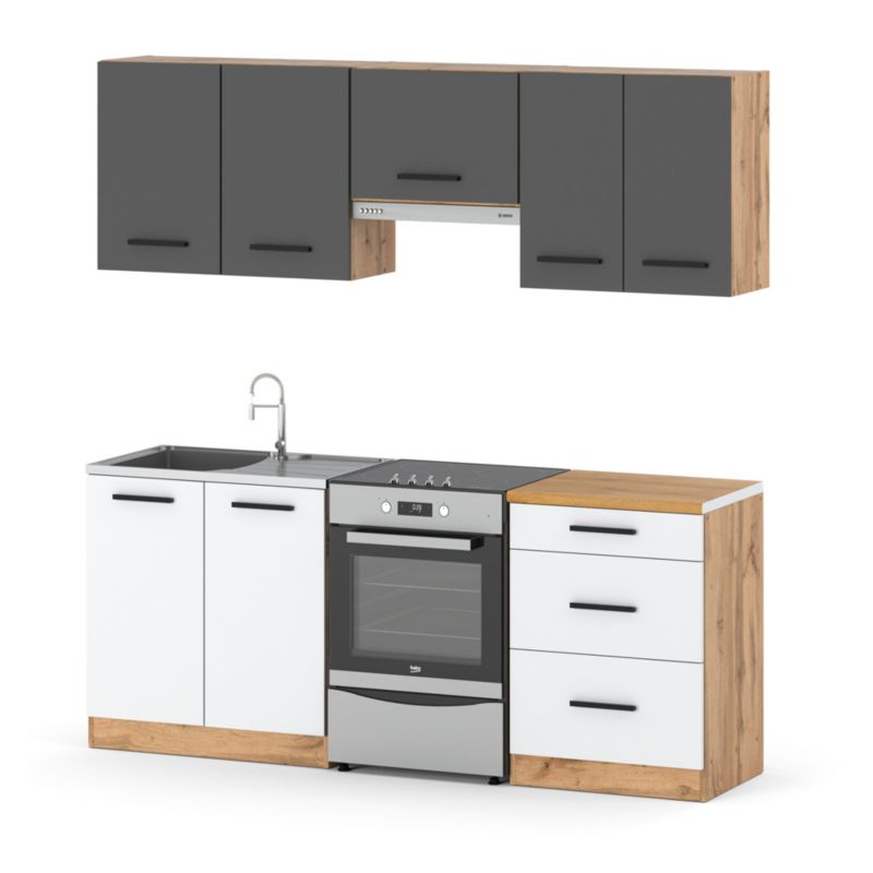 Zestaw Kuchenny Hurtownia-Mebli Z Blatem Kuchnia Mini Mokka Plus 200cm Dąb Wotan Szary Mat/Biały Mat 200x47x145 cm 1szt.