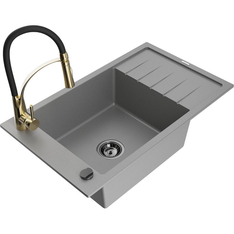 Zlewozmywak granitowy 1-komorowy Mexen Elias z ociekaczem i baterią kuchenną Aster szary 6511-71-73450-57-B