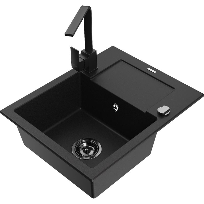 Zlewozmywak granitowy 1-komorowy Mexen Enzo z ociekaczem i baterią kuchenną Rita czarny - 6506-77-670300-50-B 1 szt.