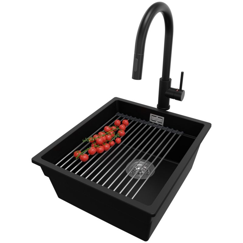 Zlewozmywak podblatowy Praga PRIMAGRAN 41x47cm do szafki od 45cm, Czarny + Bateria + Syfon + Zwijany ociekacz, S131, 1 szt.