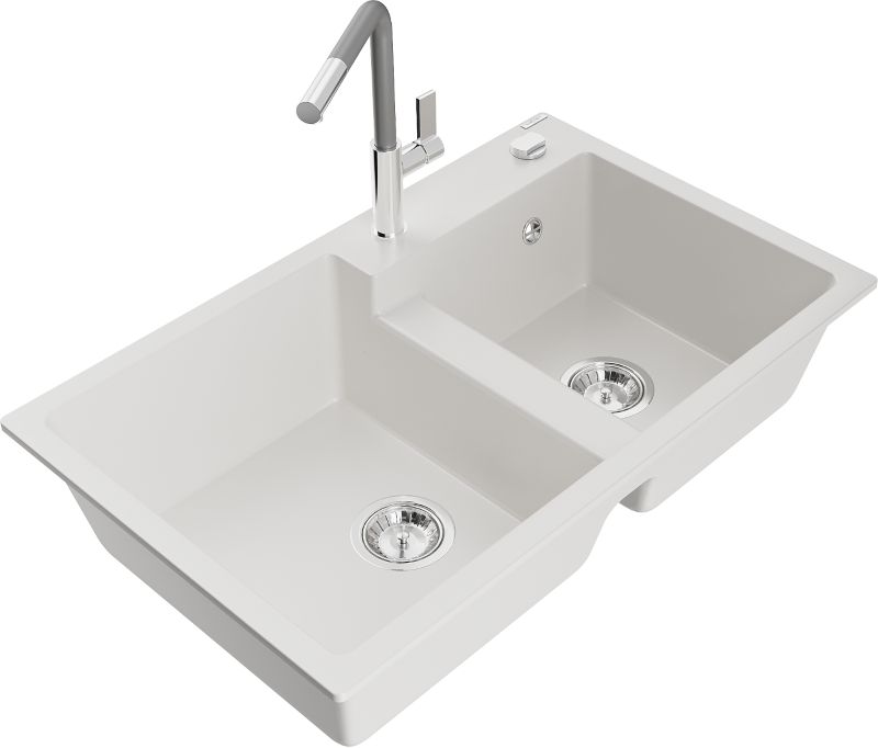 Zlewozmywak granitowy Mexen Tomas 2-komorowy z baterią kuchenną Flora biały - 6516-20-670401-07-B 1 szt.