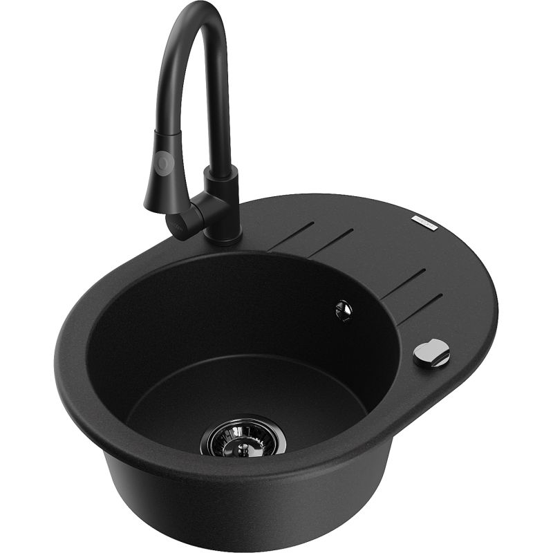 Zlewozmywak granitowy 1-komorowy Mexen Kevin z ociekaczem i baterią Elia czarny/srebrny metalik - 6517-73-670101-00 1 szt.