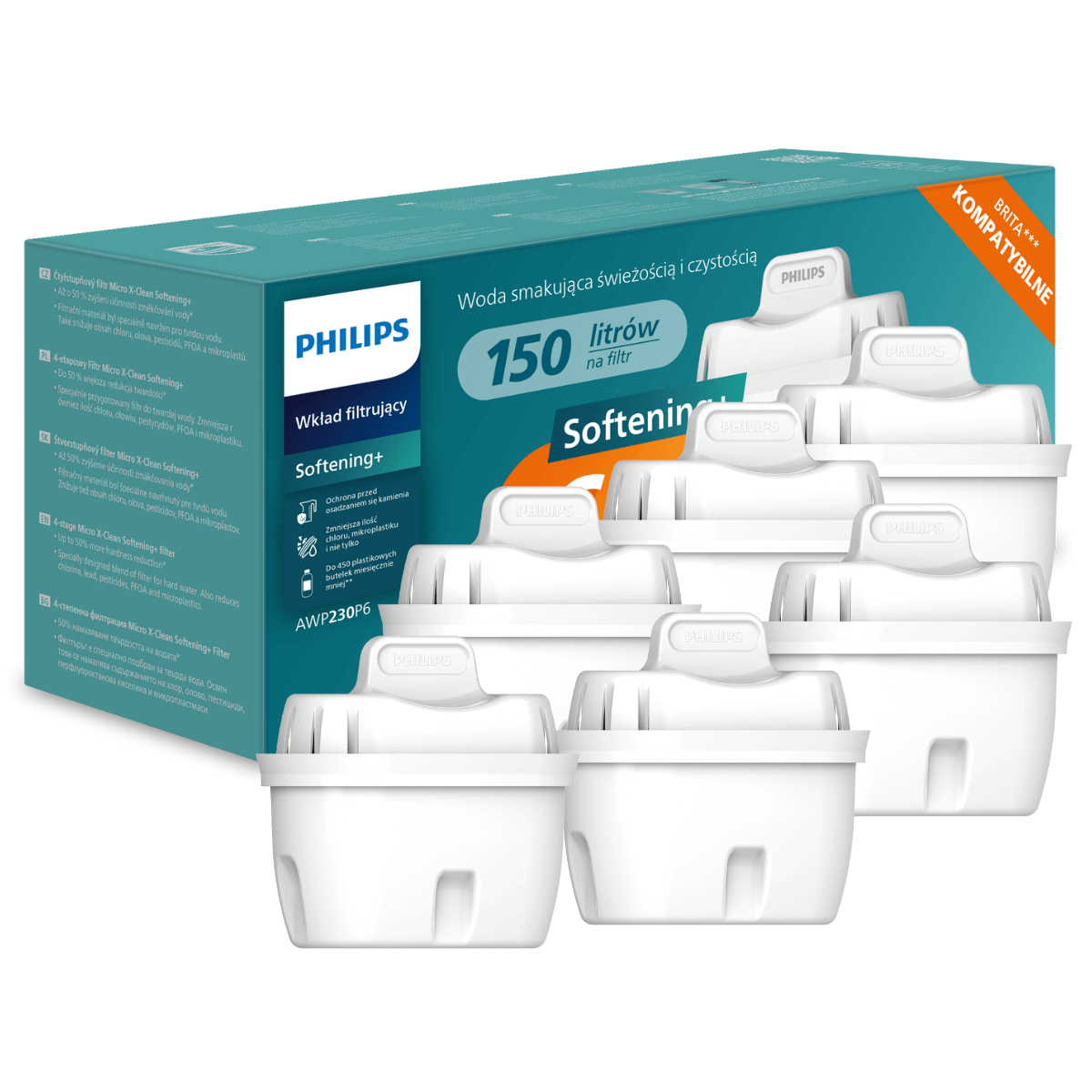 Zestaw 6 wkładów zmiękczających do dzbanka filtrujacego PHILIPS AWP230P6/58.