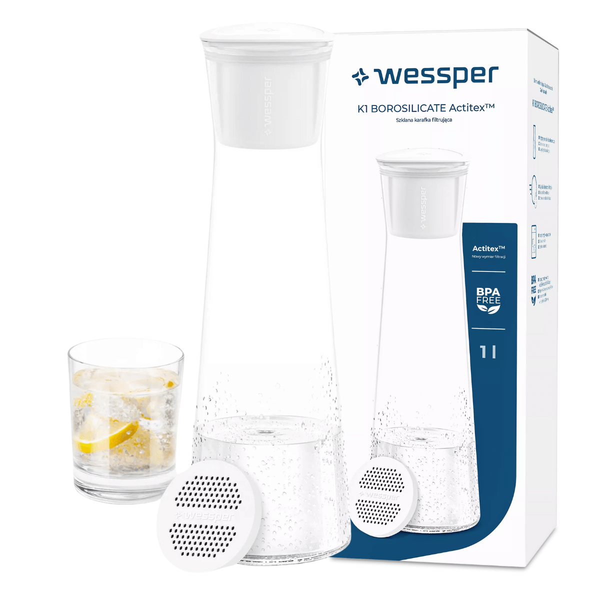 Karafka filtrująca wodę Wessper K1 Borosilicate Actitex z wkładem filtrującym.