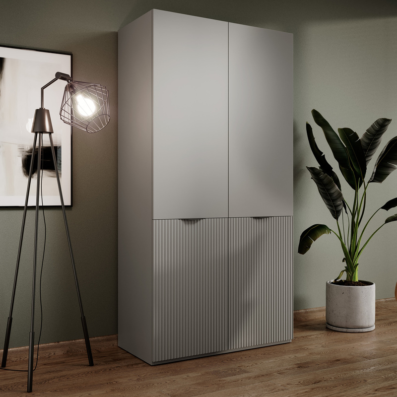 Dwudrzwiowa szara szafa modułowa z półkami i drążkami 101 cm SIGMA