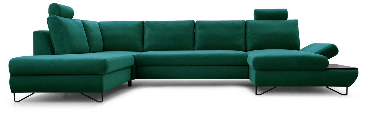 Rozkładana zielona kanapa narożna U z regulowanym podłokietnikiem LORENS