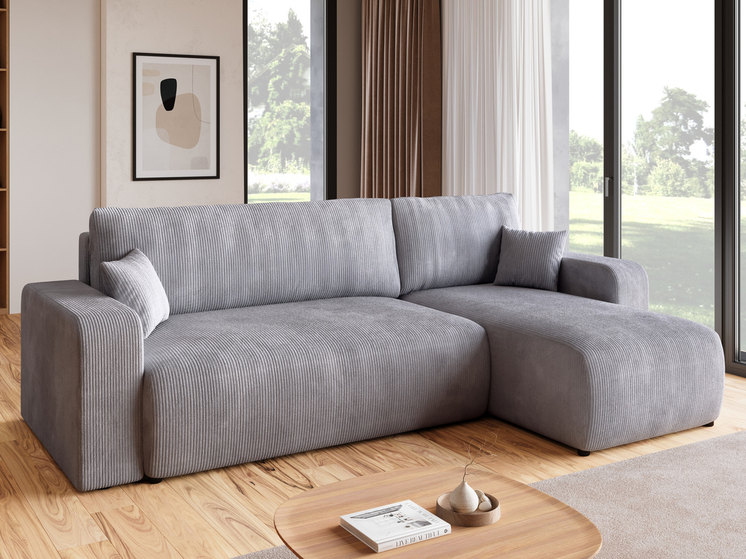 Szara sztruksowa kanapa narożna funkcją spania PUMI