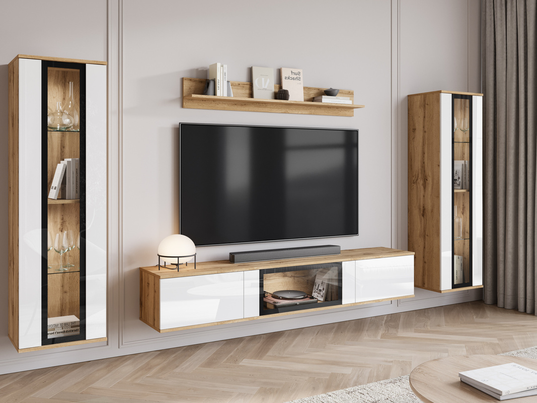 Meblościanka do salonu dąb wotan biały połysk CAVIO