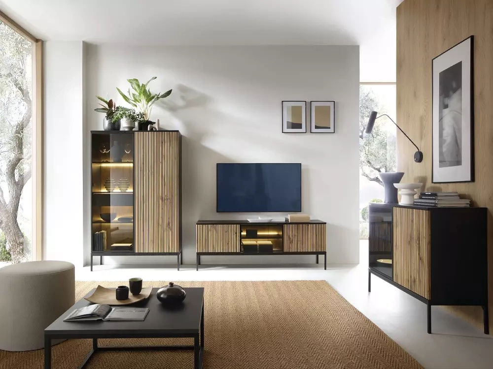 Nowoczesny zestaw mebli do salonu frezowane fronty wysokie nóżki LED SEWILLA dąb wotan