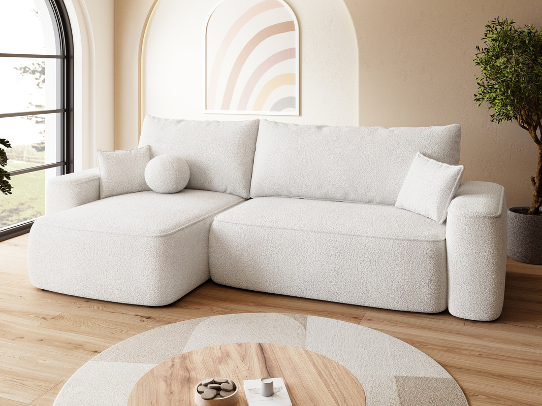 Kremowa kanapa narożna z funkcją spania do salonu CARMELLO DUO