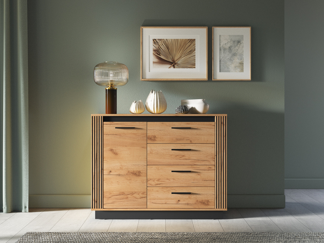 Komoda do salonu 115 cm dąb craft złoty z półką i szufladami UMIO