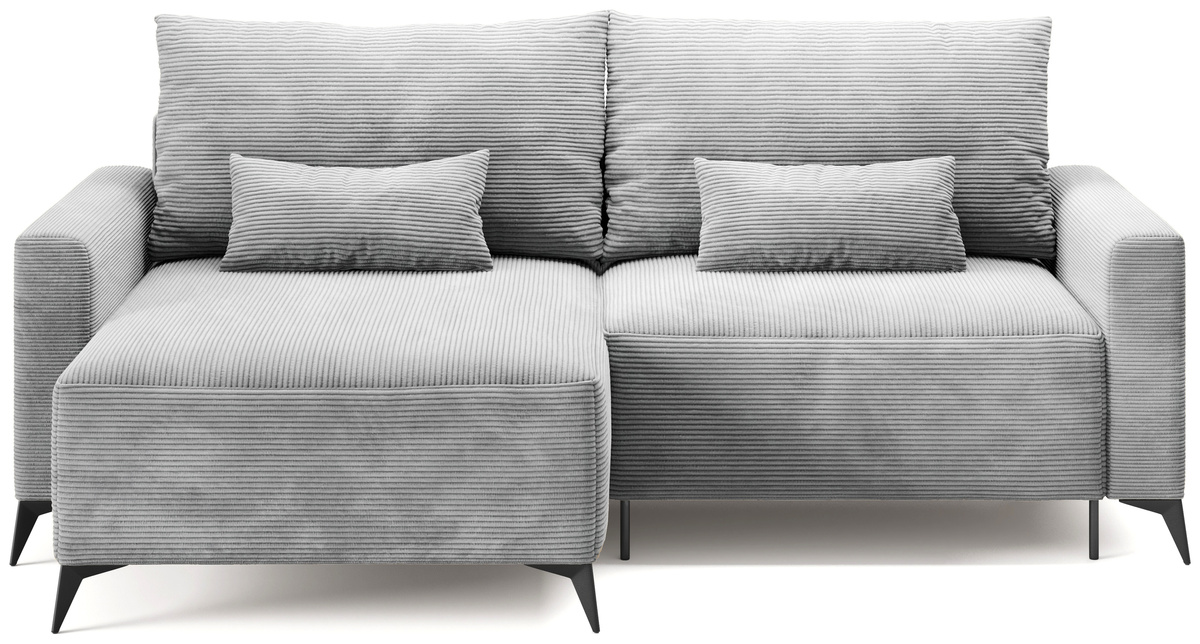 Szara kanapa narożna z funkcją spania na nóżkach rozkładana LORENZO