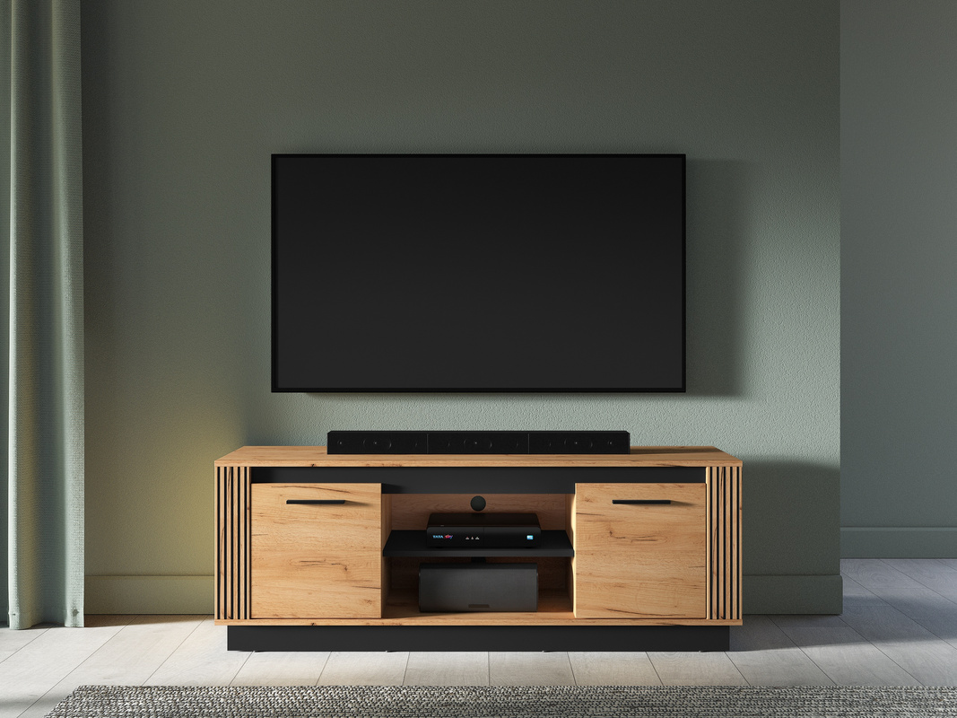 Nowoczesna dwudrzwiowa szafka RTV do salonu 150 cm dąb złoty craft UMIO