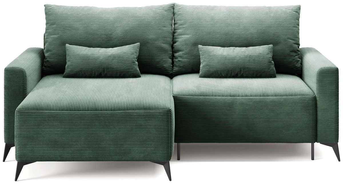 Zielona kanapa narożna z funkcją spania na nóżkach rozkładana LORENZO