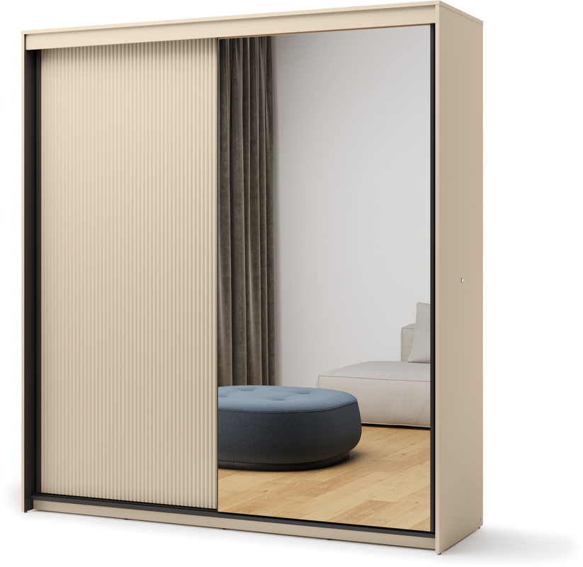 Beżowa szafa przesuwna 200cm z lustrem dwudrzwiowa oświetlenie