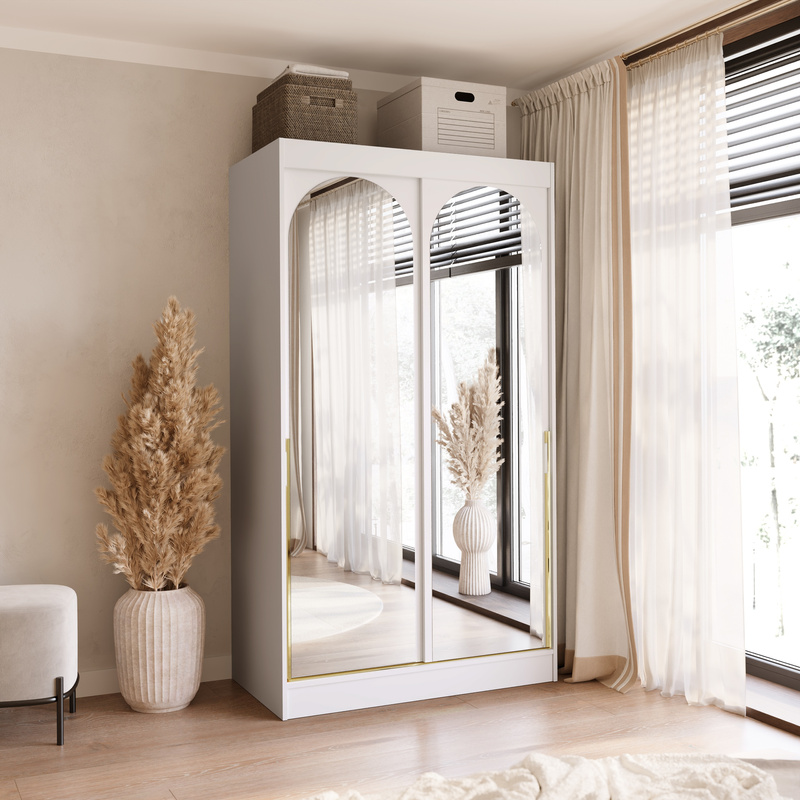Szafa przesuwna z lustrami biała 120 cm drzwi przesuwne złote uchwyty MORIN
