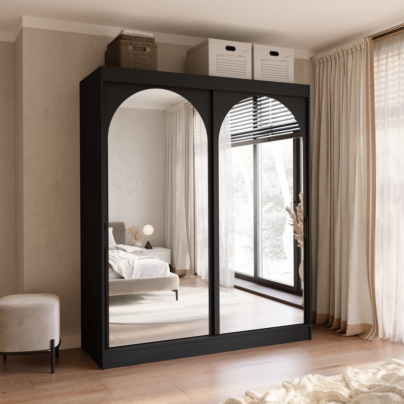 Nowoczesna szafa duża czarna 180 cm drzwi przesuwne lustra czarne uchwyty