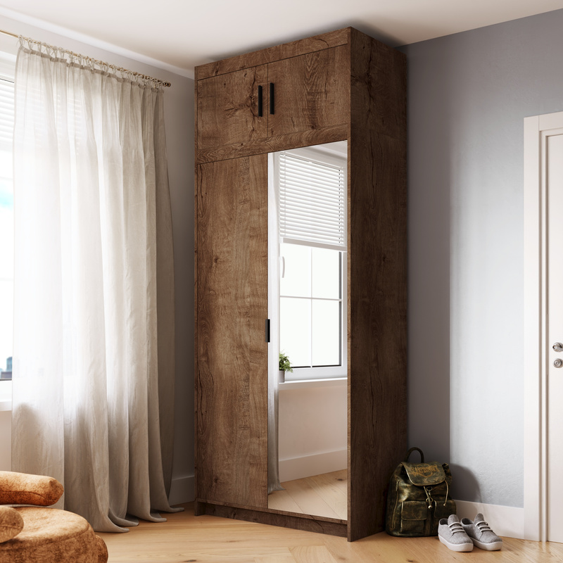 Dwudrzwiowa szafa modułowa z lustrem 90 cm i nadstawką KUBA dąb lefkas