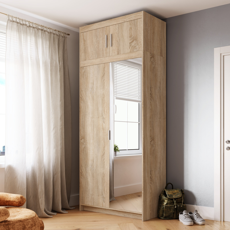 Dwudrzwiowa szafa modułowa z lustrem 90 cm i nadstawką KUBA dąb sonoma