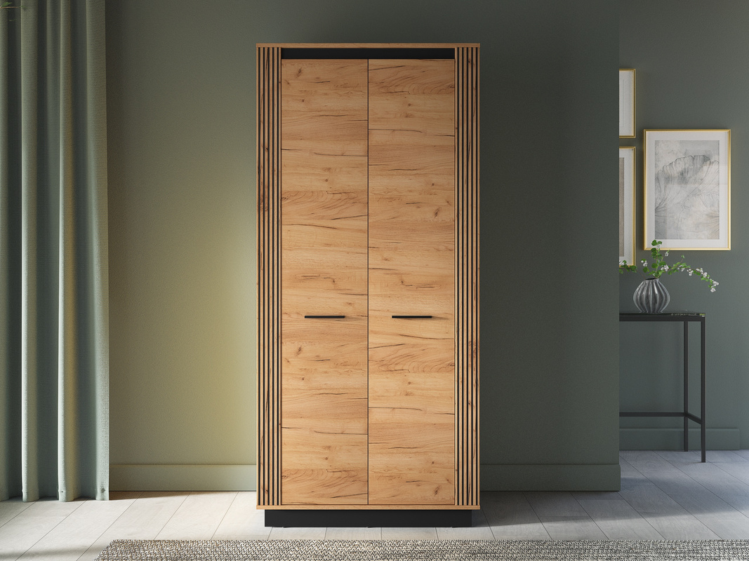 Szafa dwudrzwiowa do sypialni 92 cm dąb craft złoty czarny z półkami i drążkiem UMIO