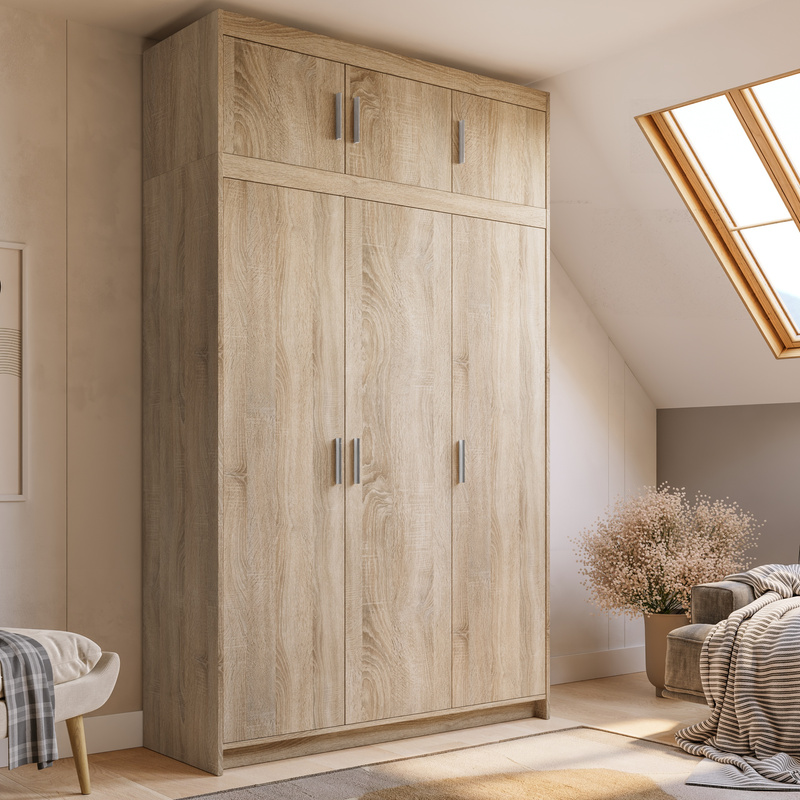Trzydrzwiowa szafa z nadstawką 133 cm do garderoby dąb lefkas KUBA