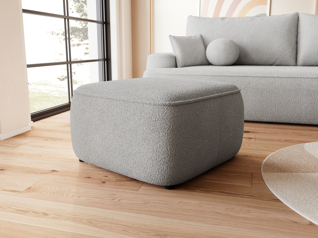 Szara nowoczesna pufa boucle do salonu CARMELLO