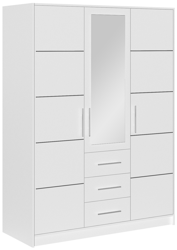 Biała szafa trzydrzwiowa 147 cm z szufladami i półkami BILL