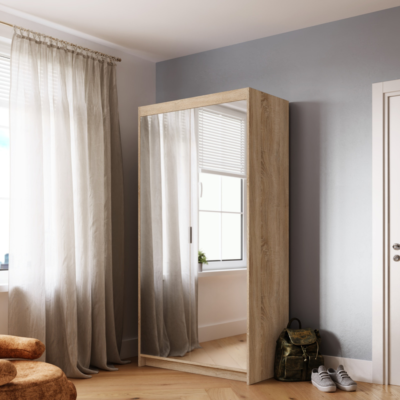 Nowoczesna szafa modułowa dwudrzwiowa z lustrem 90 cm KUBA dąb sonoma