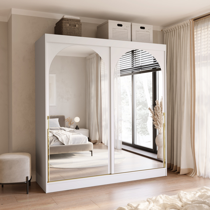 Duża biała szafa 200cm do sypialni salonu z dwoma lustrami drzwi przesuwne złote uchwyty