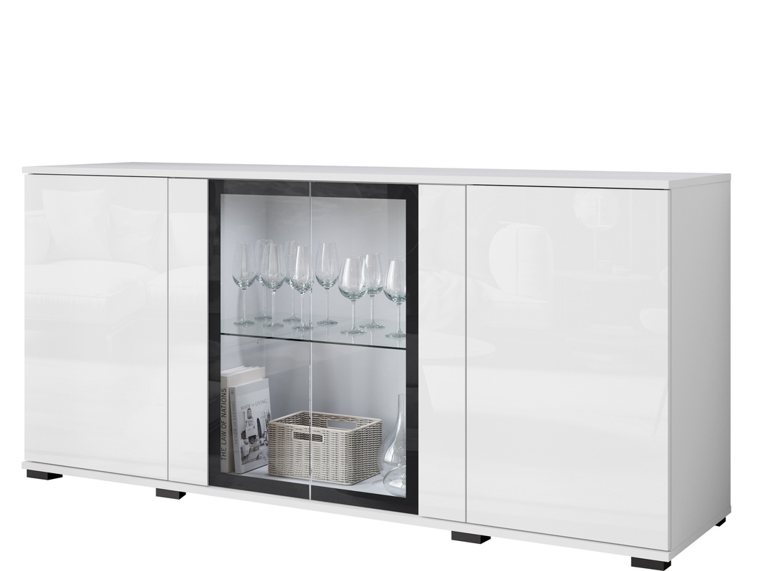 Komoda 150 cm biały połysk z witryną do salonu CAVIO