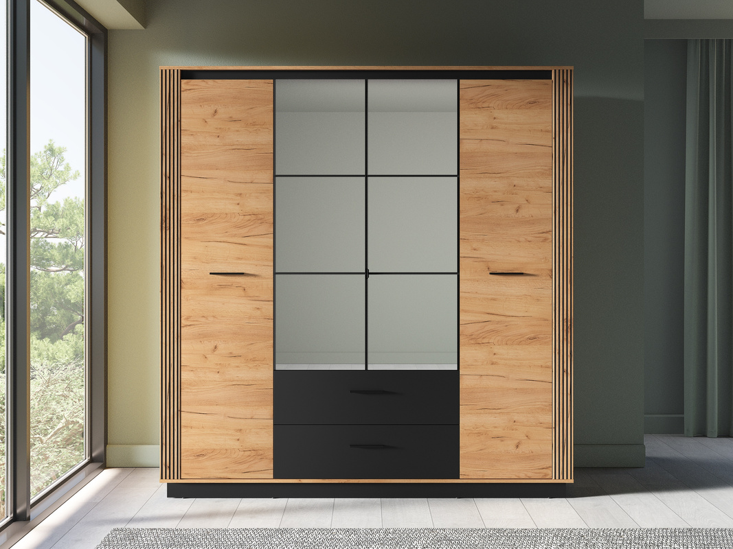 Szafa czterodrzwiowa 200 cm z lustrem dąb craft złoty czarny z szufladami i drążkiem