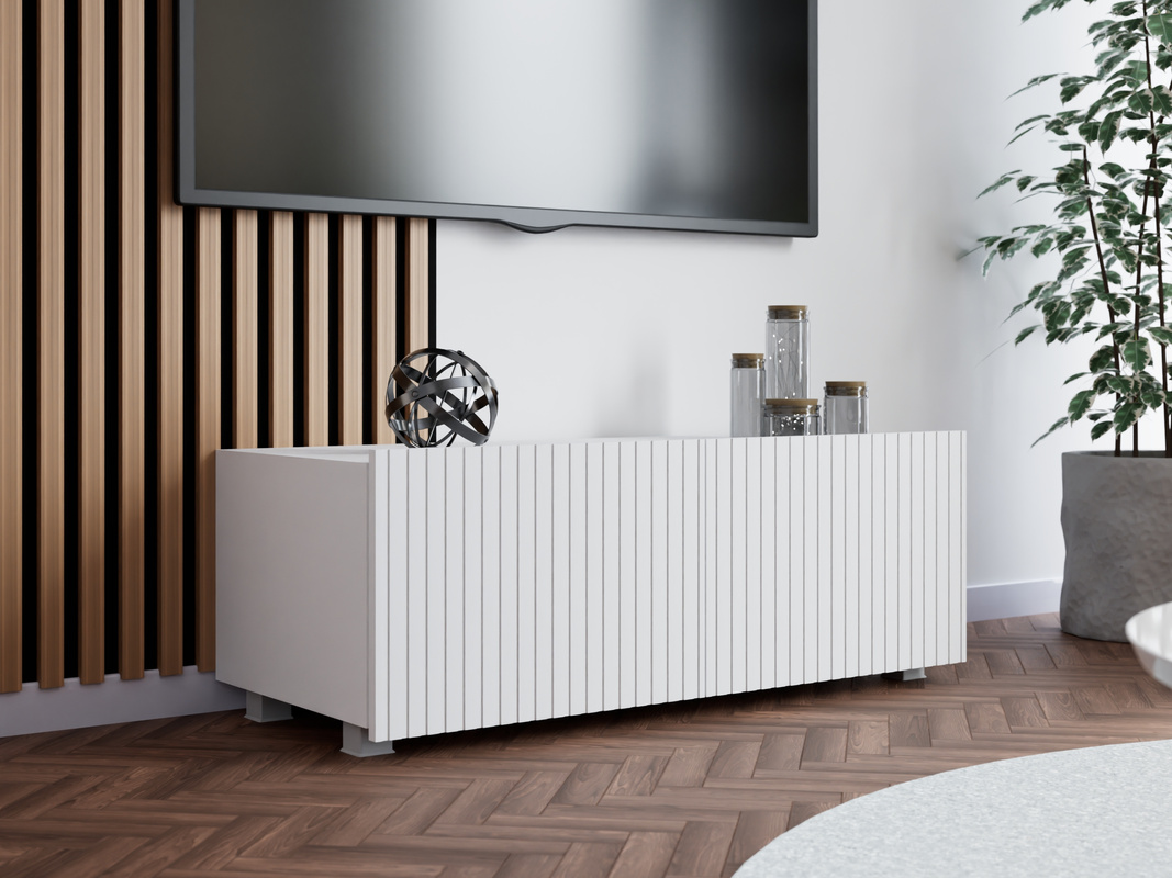 Biała szafka RTV 100 cm nowoczesna z ryflowanymi frontami KORDIS