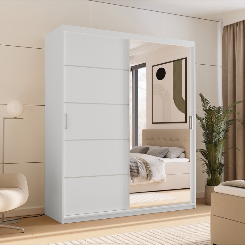 Biała szafa przesuwna 150 cm do sypialni z półkami i drążkiem RIVARO