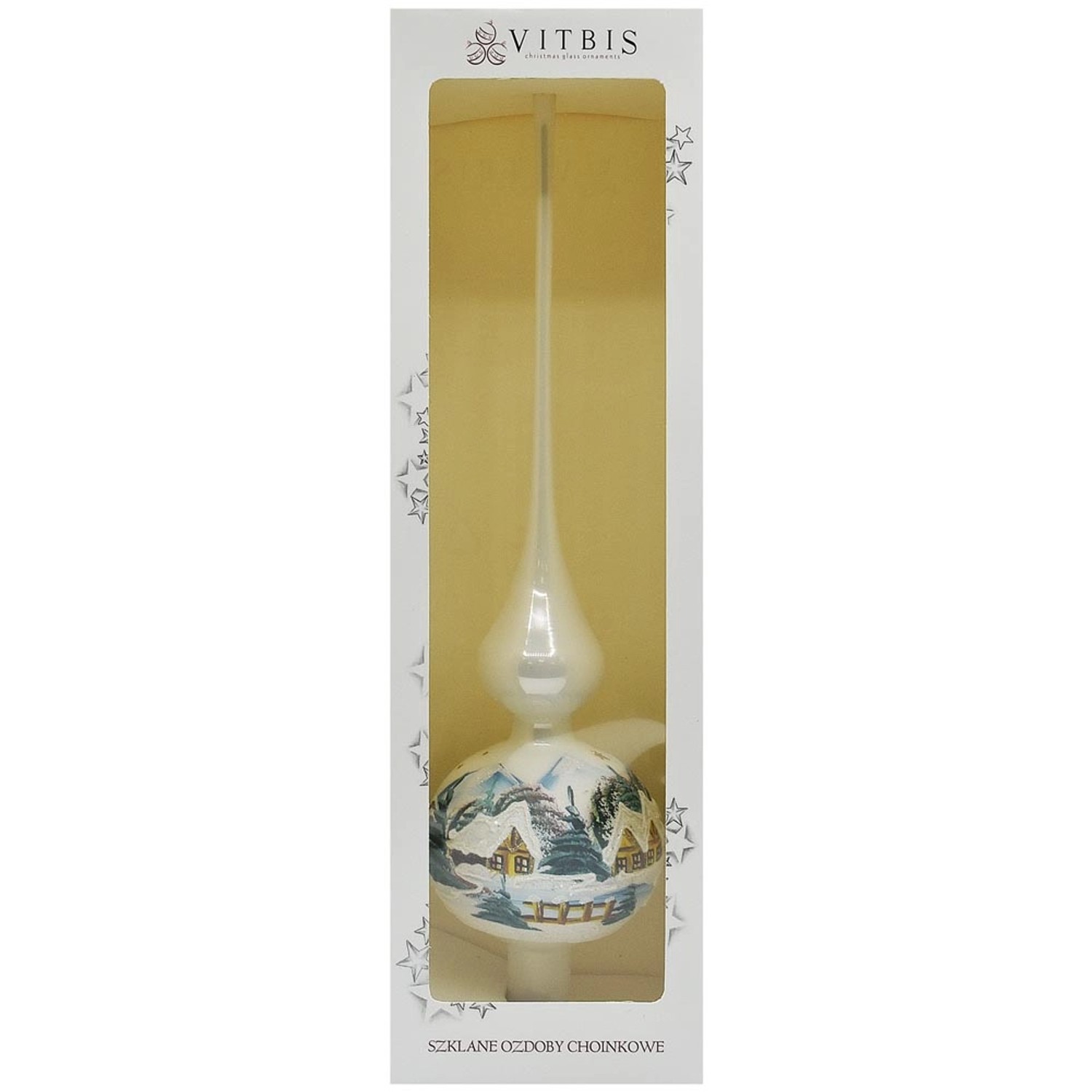 Szpic dekorowany PEJZAŻ w pudełku biały - wys. 35 cm