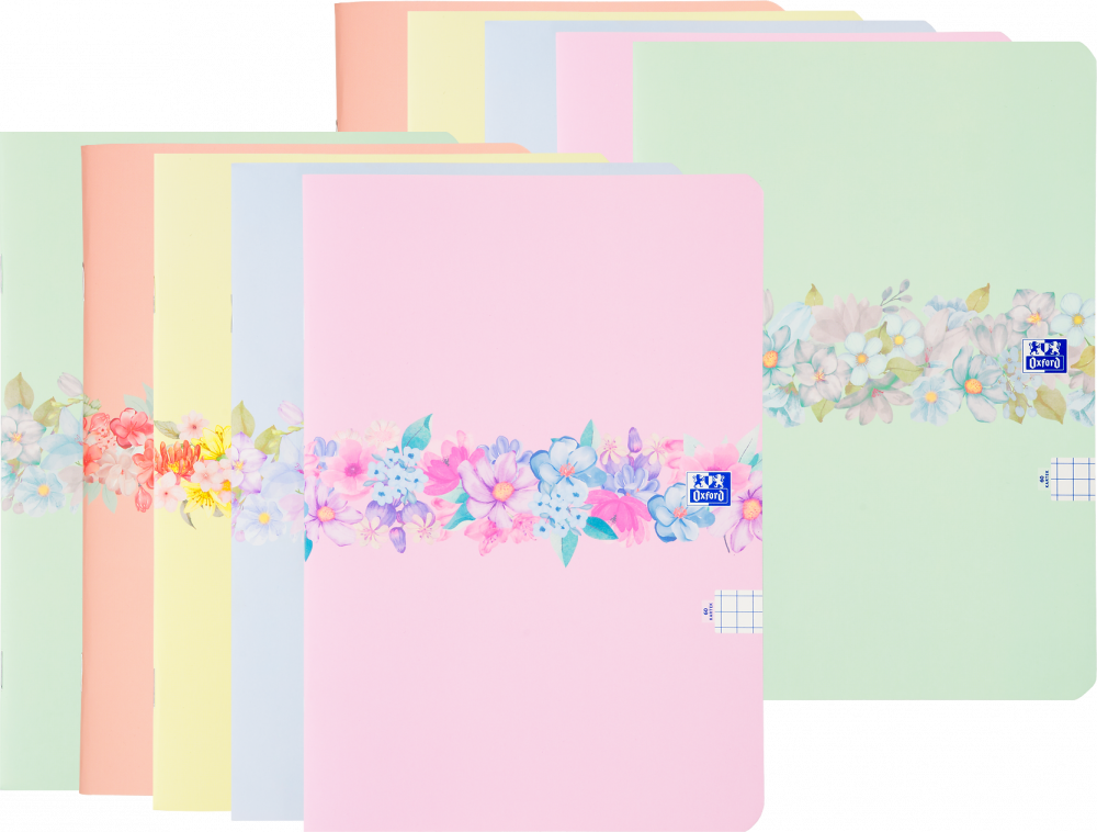 10x Zeszyt w kratkę Oxford Flowers, A5, miękka oprawa, 60 kartek, mix wzorów