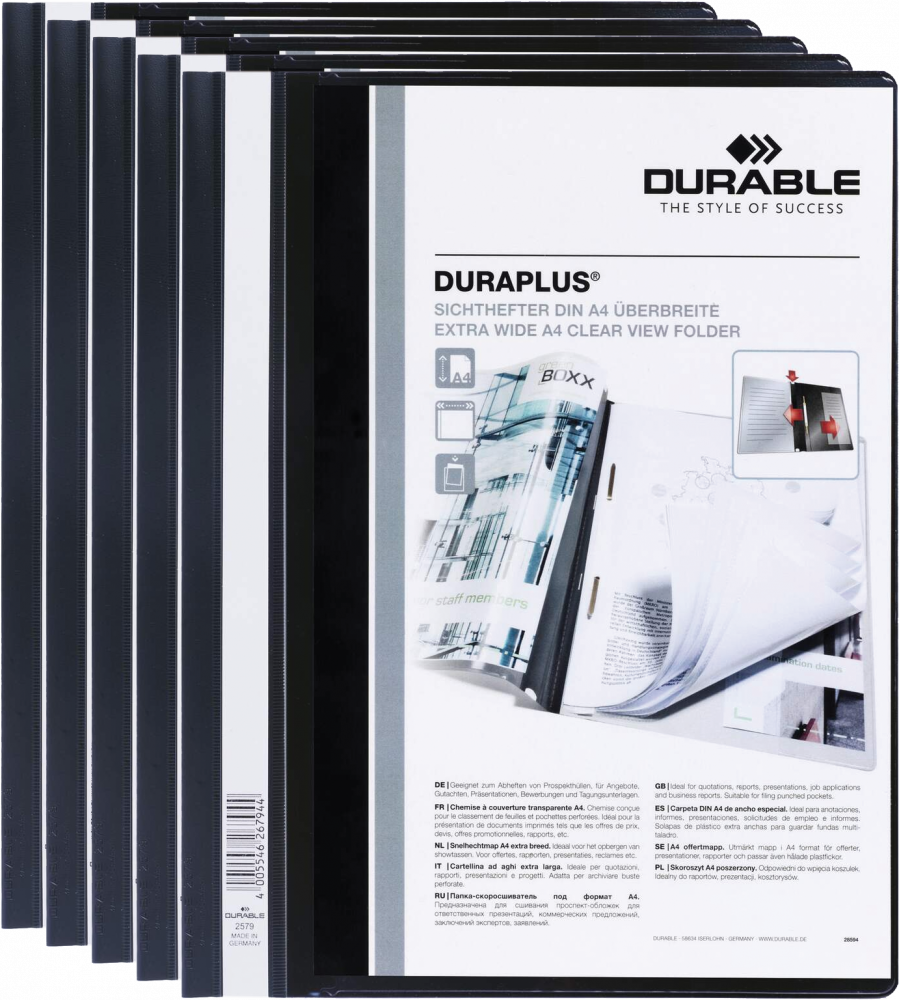 5x Skoroszyt plastikowy Duraplus Durable, A4, prezentacyjny, czarny