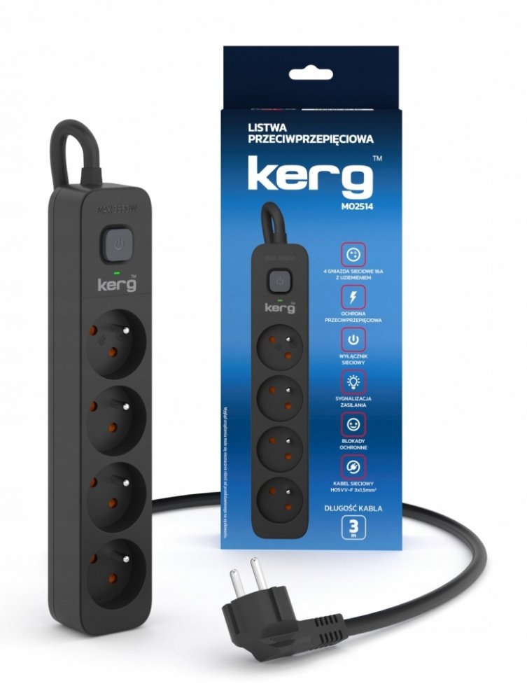 Listwa przeciwprzepięciowa Kerg, 3m, 4 gniazda, czarny