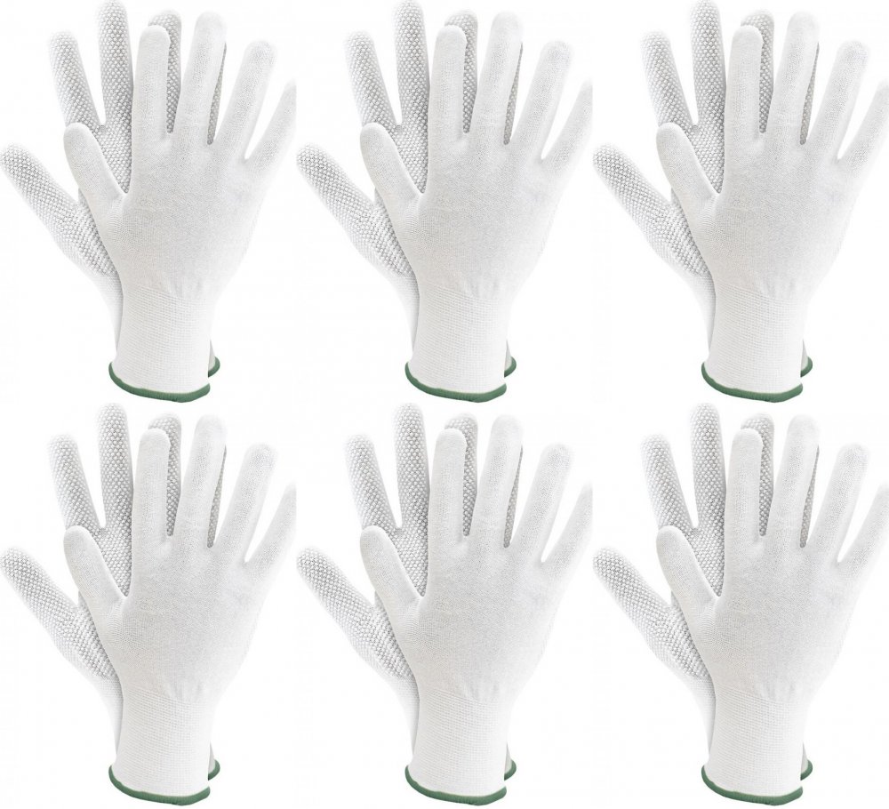 6x Rękawice robocze Reis RMICRONYL, tkaninowe, nakrapiane, rozmiar 8, biały